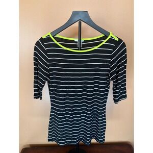 Bar III Black White Striped Top Neon‎ Yellow Trim Elbow Sleeve Scoop Neck Small
